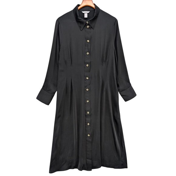 H&M Maxi Shirt Dress Solid Black Satin Button Front Long Sleeve Size XL - Picture 1 of 11